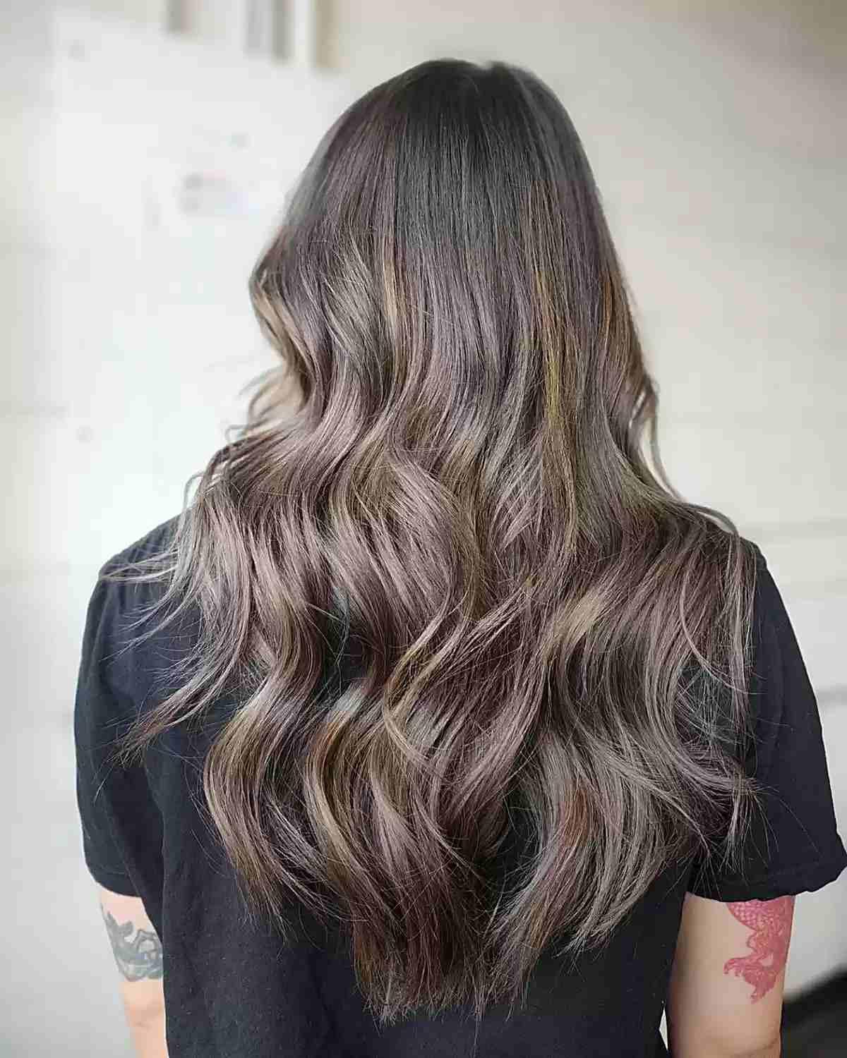 Ash Mushroom Brown Balayage Highlights with Long-Length Wavy Layers