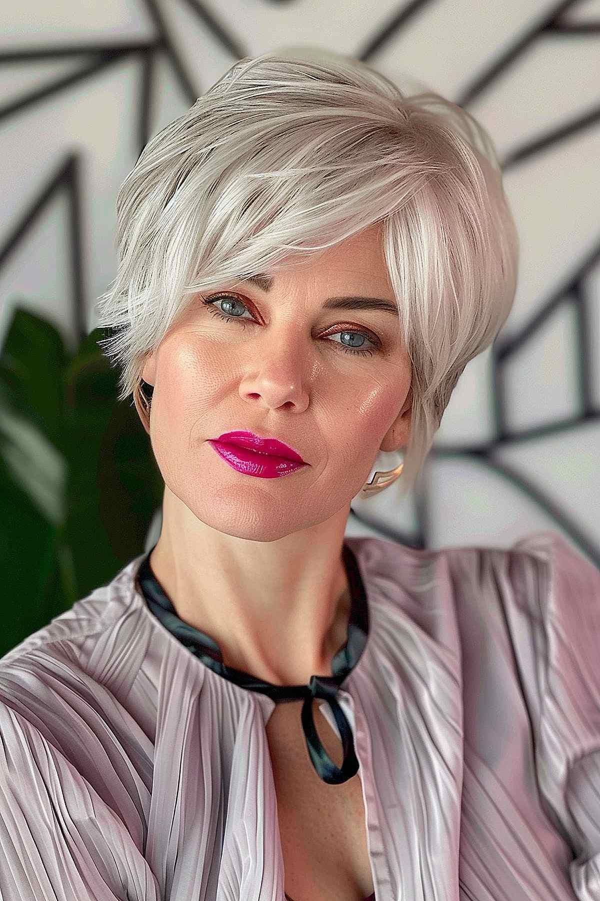 Chic elf style for women over 40 with finely textured layers and soft silver color.