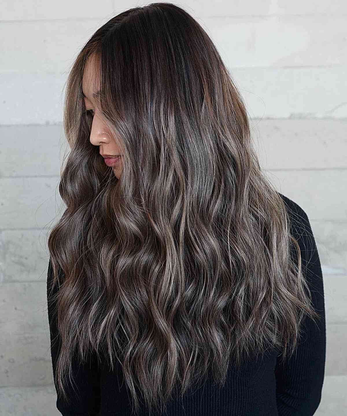 Dimensional Mushroom Brown Balayage on Long Virgin Hair with Choppy Ends