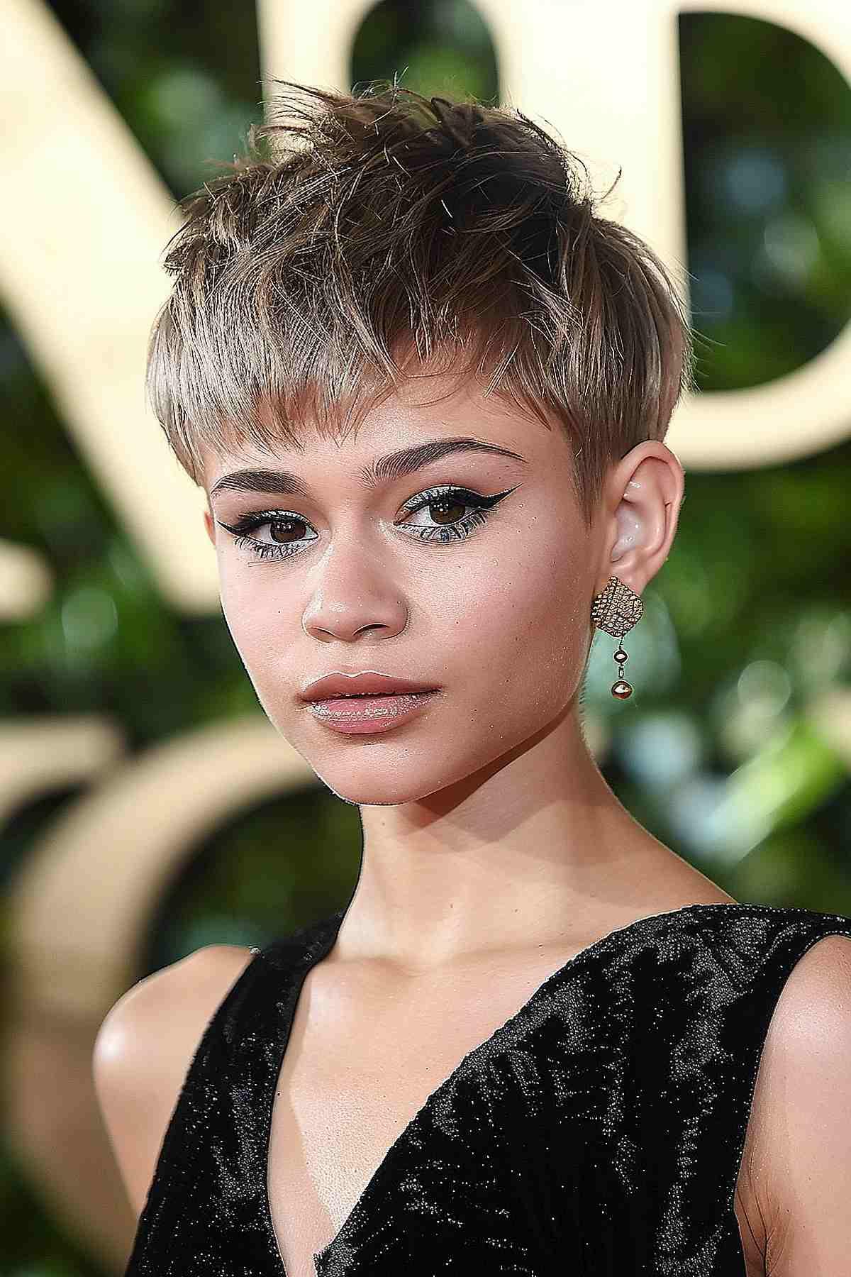 Edgy short elf-like haircut with choppy layers and textured finish.