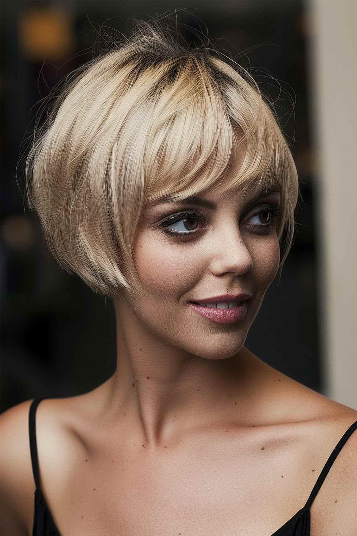 Elf-style short sleek bob cut in light blonde, ideal for a sleek and elegant look.
