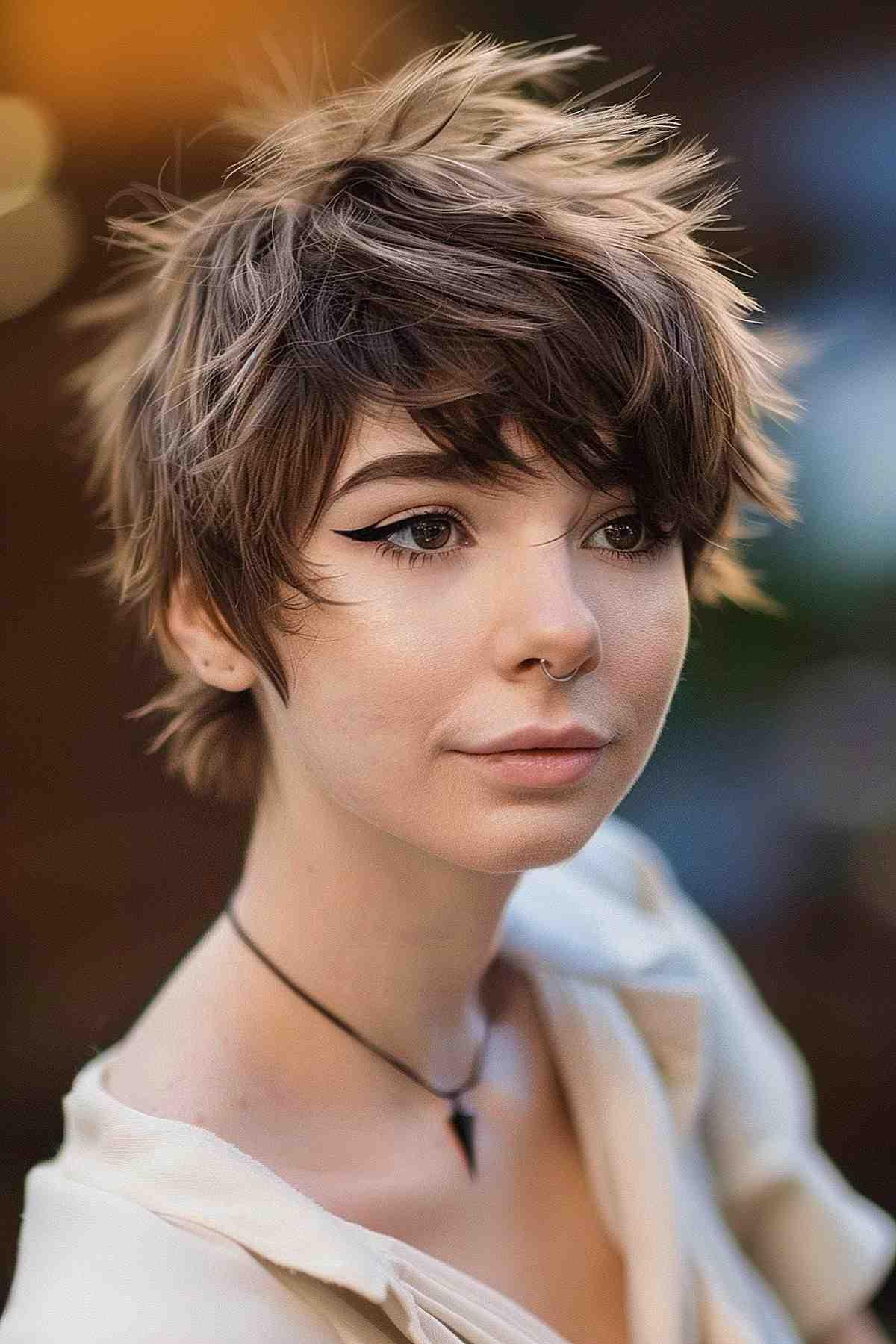 Feathered elf crop hairstyle with finely layered ends and brunette base with subtle highlights.