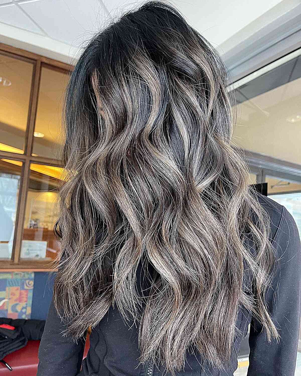 Light Mushroom Brown Balayage Highlights on Long Wavy Dark Hair