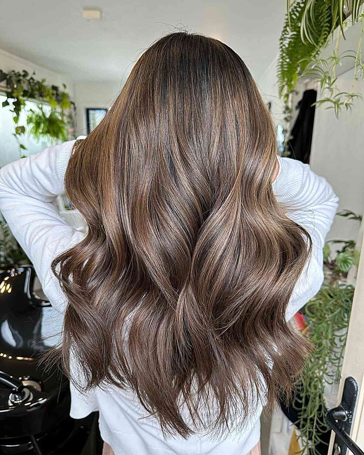 Long Ashy Mushroom Brown Balayage Waves on Darker Hair