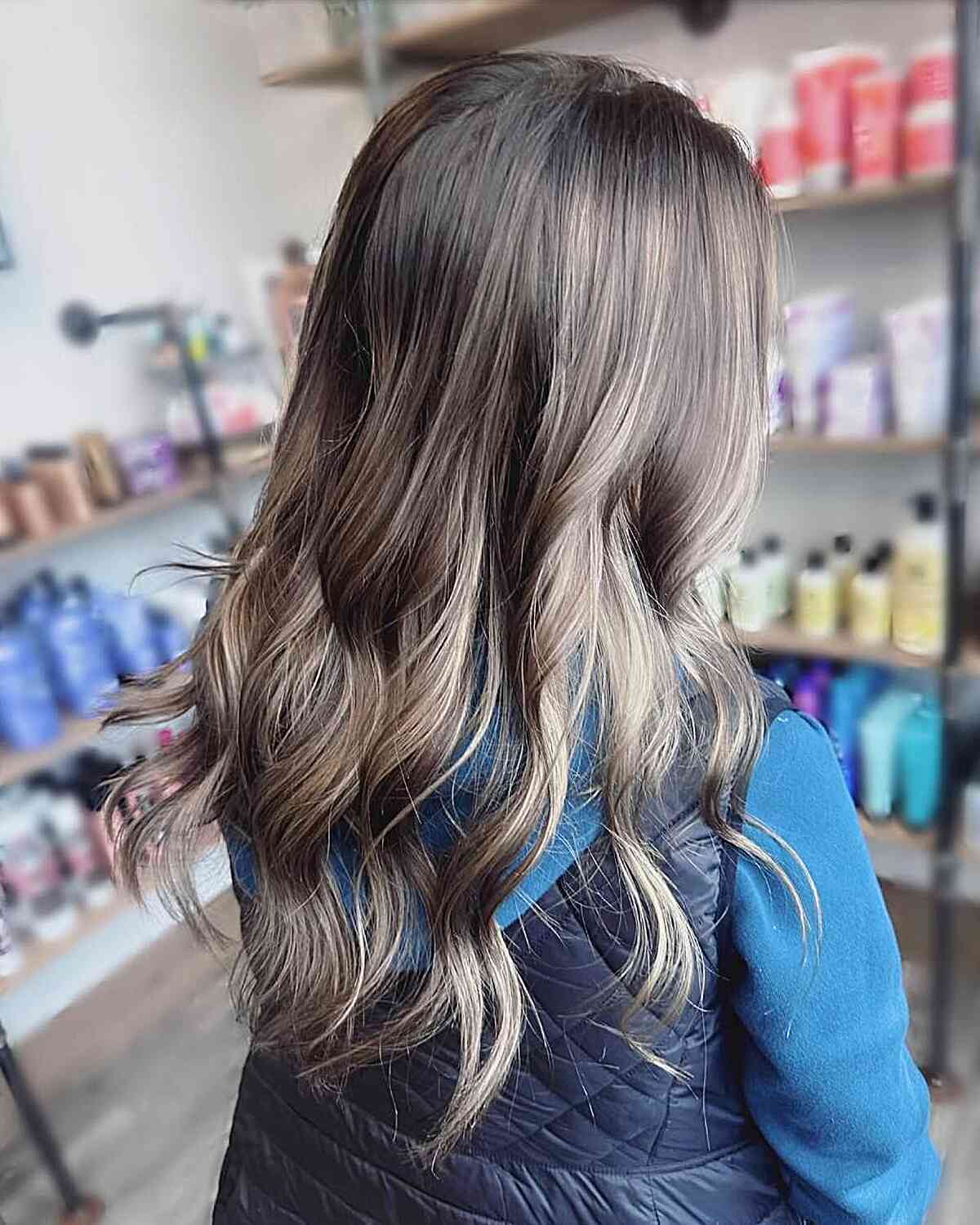 Mushroom Brown Balayage with Ashy Undertones for Mid-Long Wavy Hair