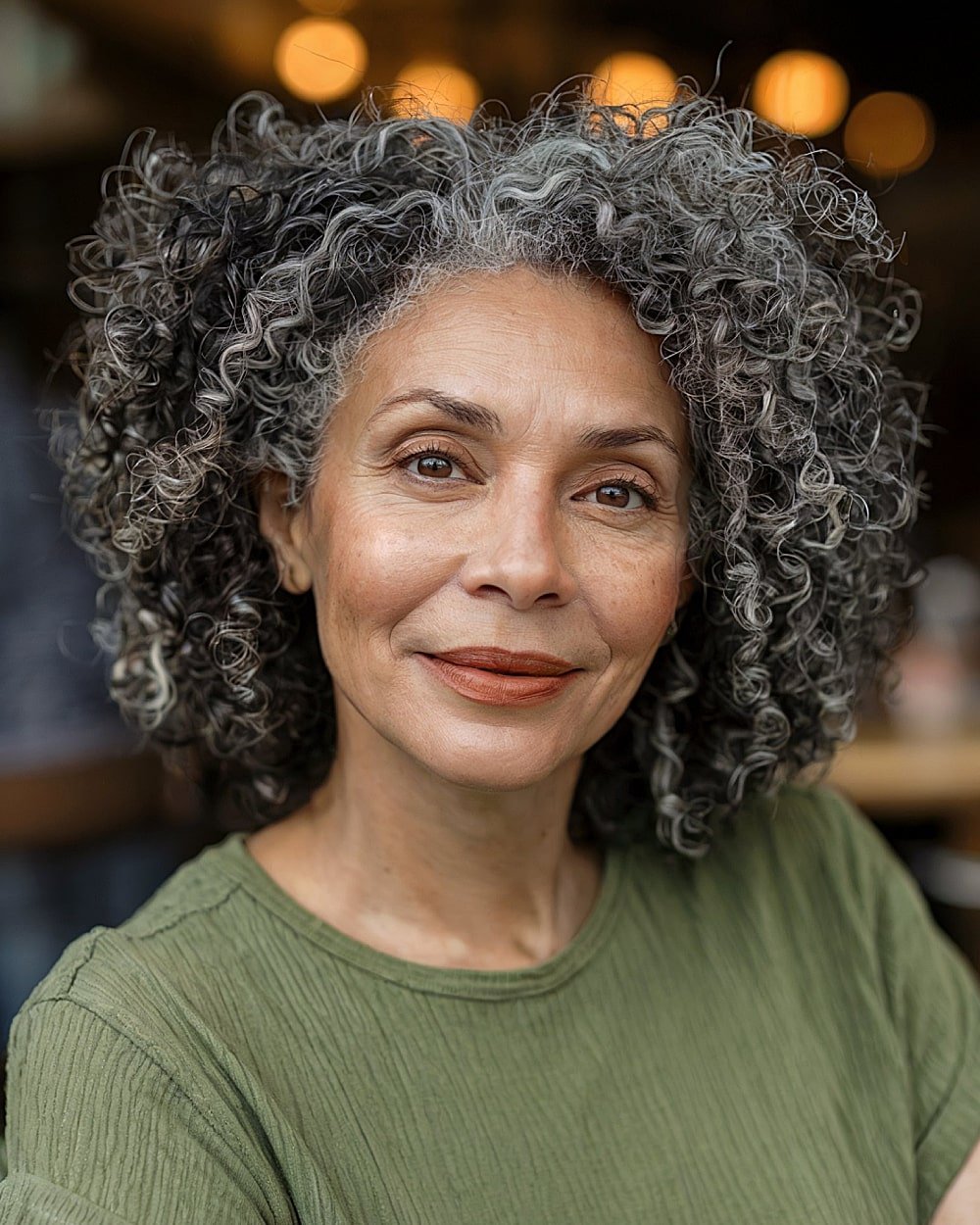 Natural charcoal grey curly hairstyle for older women with thick, textured hair