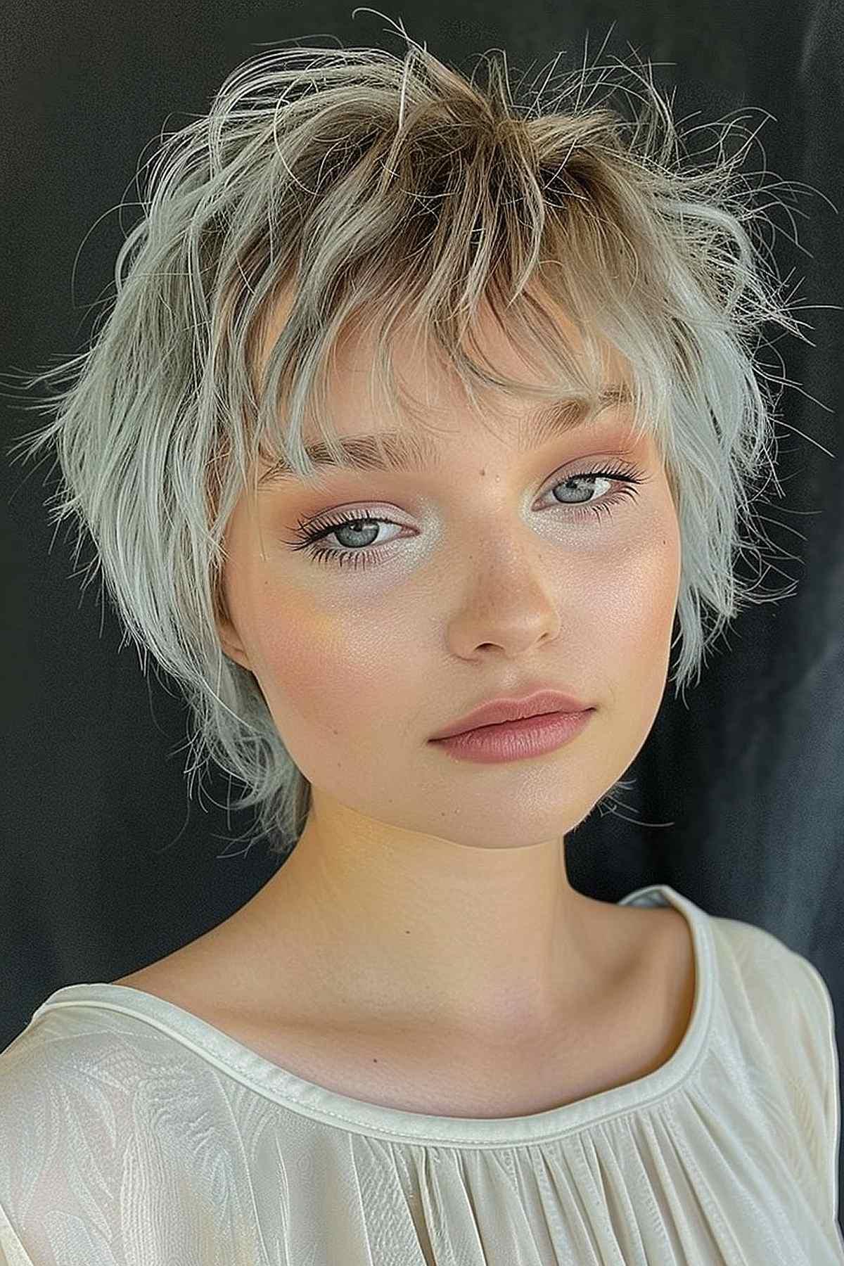 Retro elf crop haircut with choppy layers and silver-blonde shade.
