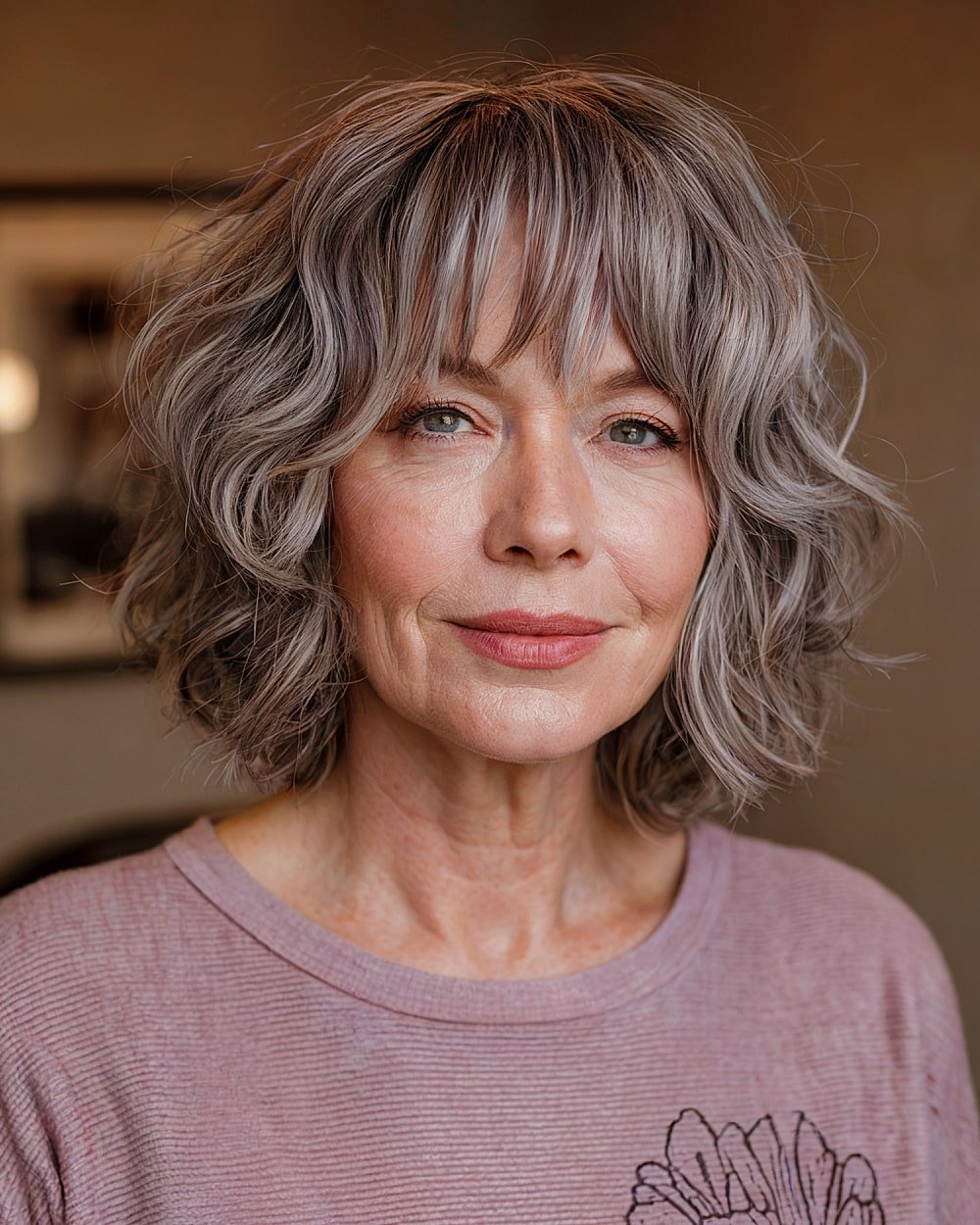 Salt-and-pepper short shag haircut with bangs and tousled waves for women over 60