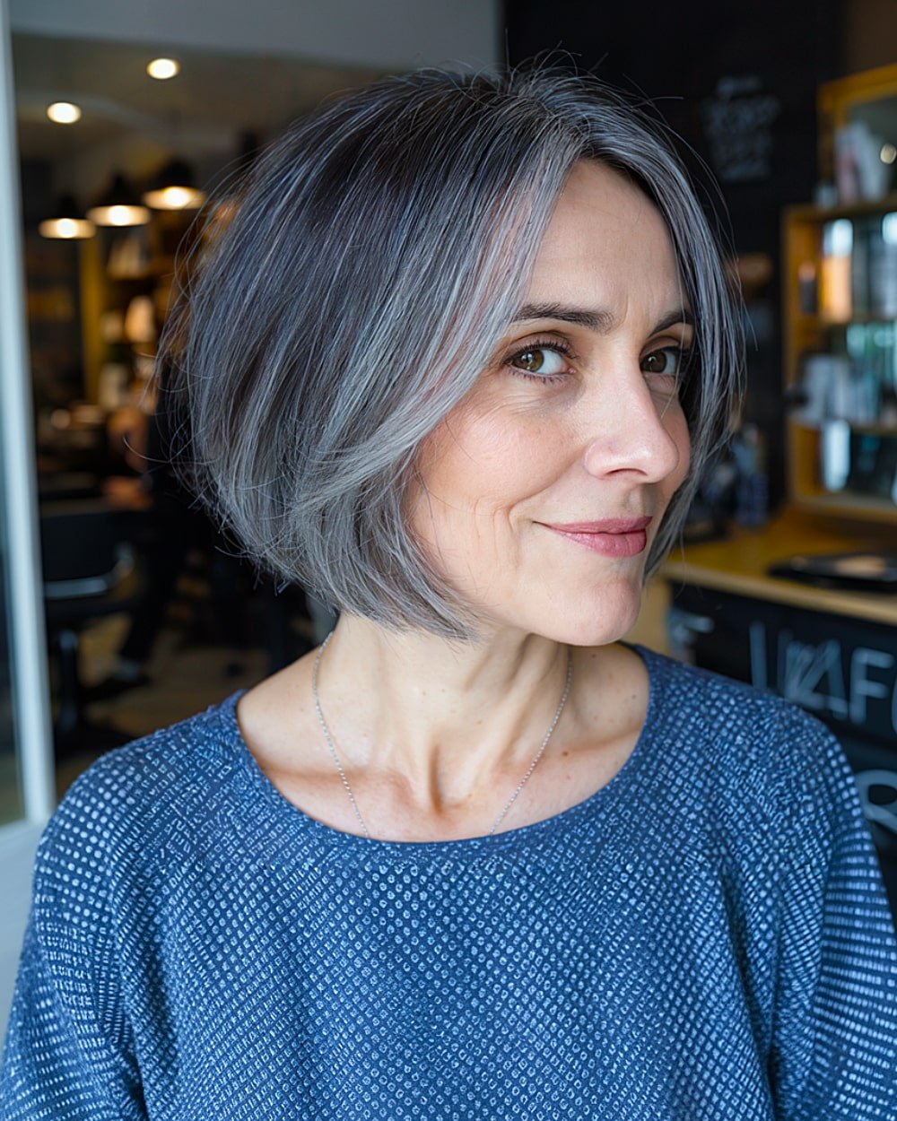 Smoky grey root melt bob on straight fine hair with a chin-length angled cut for women over 60