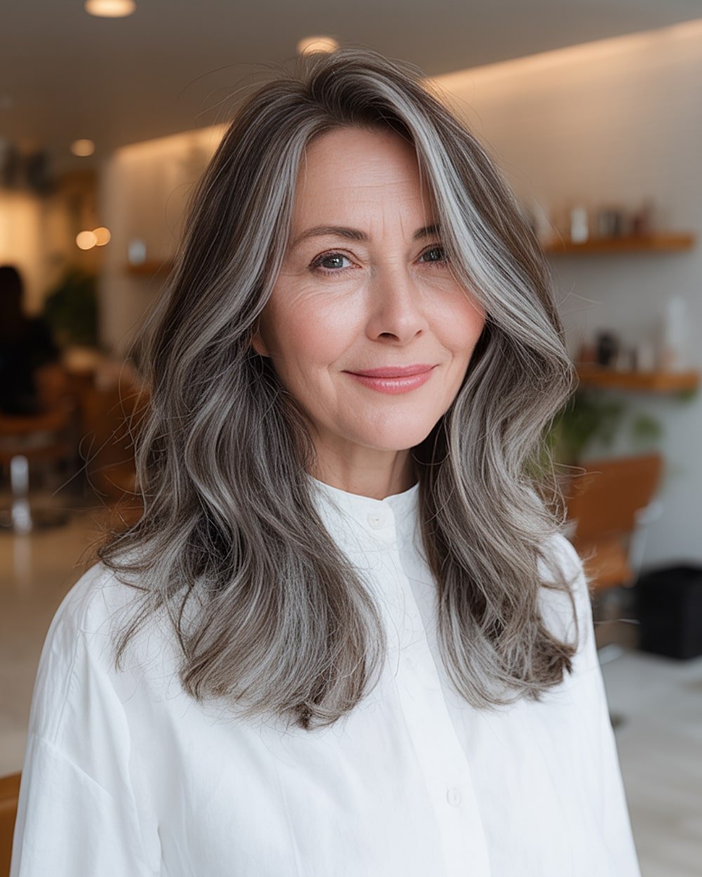 Soft layered cut with silver grey blending on long dark hair, perfect for mature women seeking a natural grow-out look