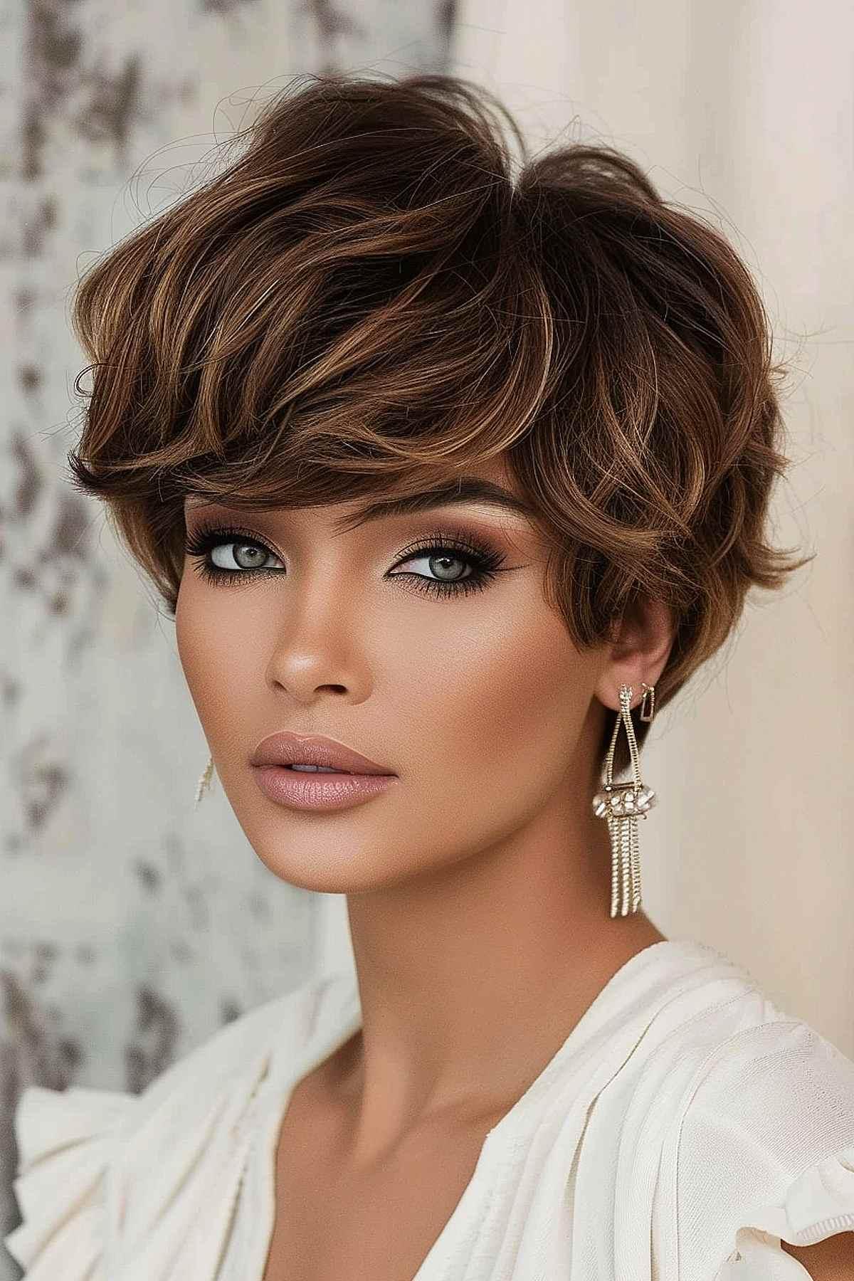 Soft waves in elf-inspired crop with warm brunette and subtle highlights.
